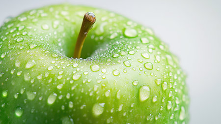 A close-up of a green apple with water droplets on the surface, isolated on a clean white background for freshness.の素材