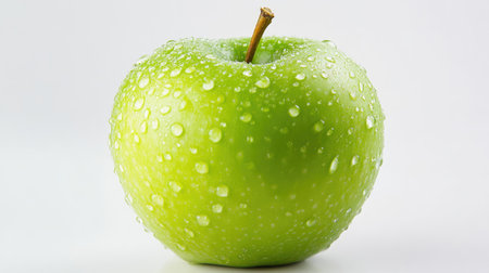A close-up of a green apple with water droplets on the surface, isolated on a clean white background for freshness.の素材