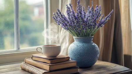 A cozy reading nook with a small table holding a vase of fresh lavender, accompanied by a stack of books and a steaming cup of tea.の素材