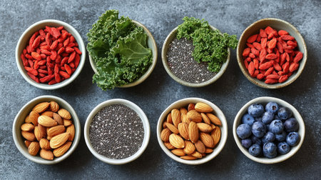 A colorful arrangement of superfoods, including chia seeds, goji berries, almonds, kale, and blueberries, displayed in small bowls.の素材