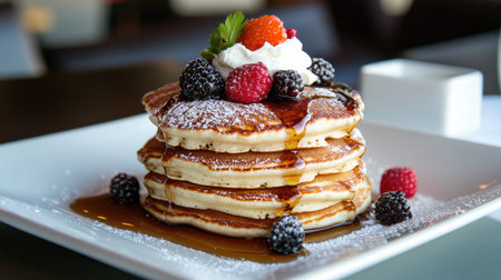 A delightful stack of fluffy pancakes topped with chocolate syrup, fresh berries, and a dollop of whipped cream, on a white plate. Irresistible breakfast.の素材