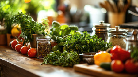 A close-up of a kitchen table with a variety of fresh vegetables, herbs, and spices arranged for a healthy cooking preparation.の素材