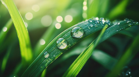A close-up of dewdrops on green grass blades, glistening in the early morning sunlight, creating a refreshing and natural scene.の素材