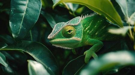 A close-up shot of a green chameleon blending into lush foliage, showcasing its camouflage skills among the leaves.の素材