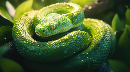 A close-up of a green snake coiled around a branch, with its scales glistening under soft, natural light.の素材