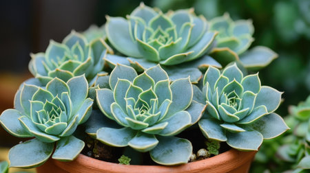 A close-up of green succulents in a terracotta pot, with their thick leaves and geometric patterns in sharp focus.の素材