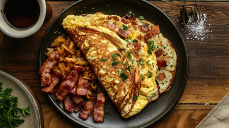 A creative flat lay of an American breakfast with a fluffy omelet, crispy bacon, hash browns, and toast.の素材