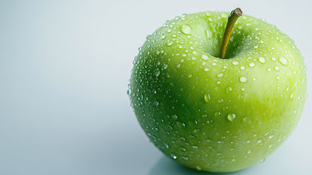 A close-up of a green apple with water droplets on the surface, isolated on a clean white background for freshness.の素材