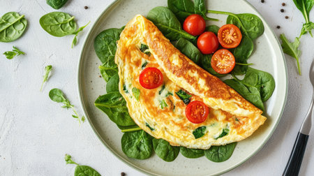 A flat lay of a breakfast plate with a perfectly cooked omelet filled with cheese, spinach, and cherry tomatoes.の素材