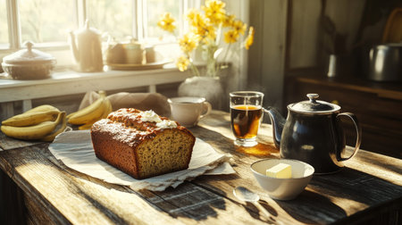 A cozy kitchen table with a freshly baked banana bread loaf, a pot of hot tea, and a small butter dish.の素材