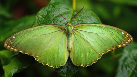A close-up of a green butterfly resting on a leaf, its delicate wings spread wide to showcase its vibrant color.の素材