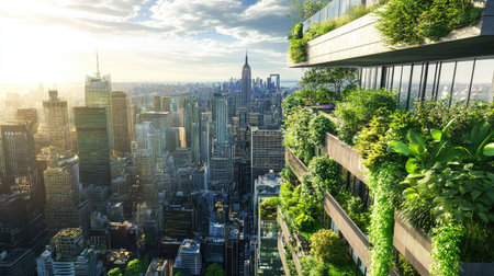 A green cityscape view with a rooftop garden, featuring lush greenery and urban architecture under a bright sky.の素材