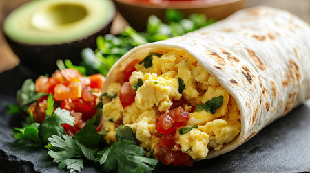 A close-up of a traditional breakfast burrito filled with scrambled eggs, avocado, salsa, and a side of fresh herbs.の素材