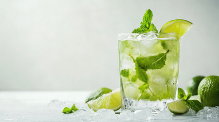 A fresh mint mojito cocktail with lime wedges and mint leaves, served in a clear glass with ice against a white background.の素材