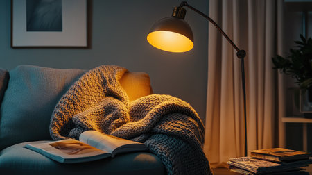 A cozy living room scene with a glowing floor lamp beside a couch, casting a warm light over a knitted blanket and a stack of magazines.の素材