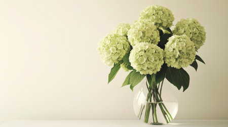 A fresh bouquet of green hydrangeas in a clear vase, placed on a minimalist white table against a neutral background.の素材