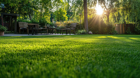 A freshly mowed green lawn with a set of garden furniture, ready for an outdoor picnic or gathering under the sun.の素材