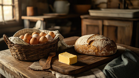 A farmhouse-style kitchen table with a basket of fresh eggs, a loaf of bread, and a block of butter on a wooden board.の素材