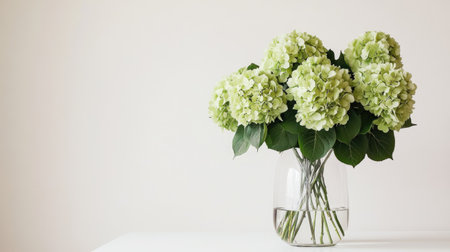 A fresh bouquet of green hydrangeas in a clear vase, placed on a minimalist white table against a neutral background.の素材