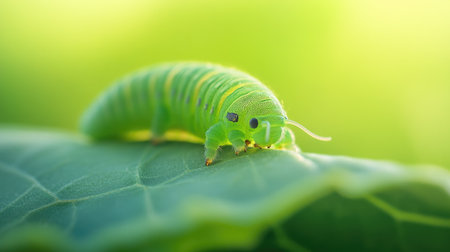 A green caterpillar crawling along a leaf, with its tiny feet gripping the surface, set against a blurred green backdrop.の素材