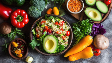 A fresh and healthy lunch spread featuring mixed greens, avocado slices, quinoa salad, and a variety of colorful vegetables.の素材