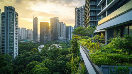 A green cityscape view with a rooftop garden, featuring lush greenery and urban architecture under a bright sky.の素材