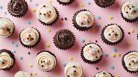 A cute assortment of chocolate cupcakes topped with swirls of icing, sprinkles, and mini chocolate chips, arranged on a pastel-colored background.の素材