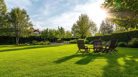 A freshly mowed green lawn with a set of garden furniture, ready for an outdoor picnic or gathering under the sun.の素材