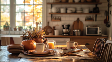 A cozy autumn kitchen table setup with a pumpkin centerpiece, cinnamon sticks, and mugs of hot apple cider, evoking a fall atmosphere.の素材