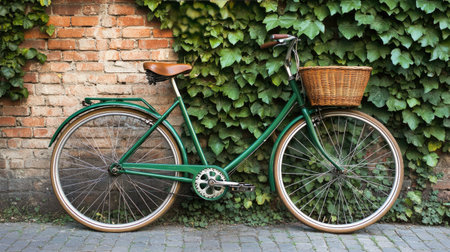 A green bicycle leaning against an ivy-covered brick wall, with a wicker basket attached to the front for a vintage feel.の素材
