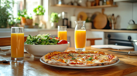 A family kitchen table setup with a homemade pizza, a bowl of salad, and glasses of orange juice, set against a bright kitchen background.の素材