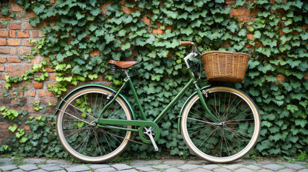 A green bicycle leaning against an ivy-covered brick wall, with a wicker basket attached to the front for a vintage feel.の素材
