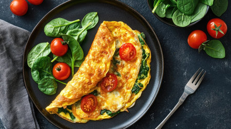 A flat lay of a breakfast plate with a perfectly cooked omelet filled with cheese, spinach, and cherry tomatoes.の素材