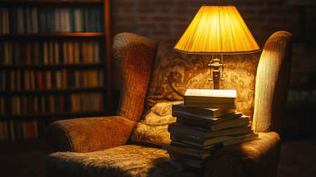 A cozy reading nook illuminated by a vintage table lamp with a warm yellow light, creating a soft glow over a stack of books and a comfy chair.の素材