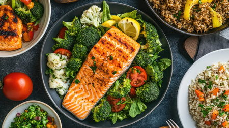 A healthy feast with a variety of dishes, including grilled salmon, steamed broccoli, brown rice, and a large salad with mixed greens.の素材