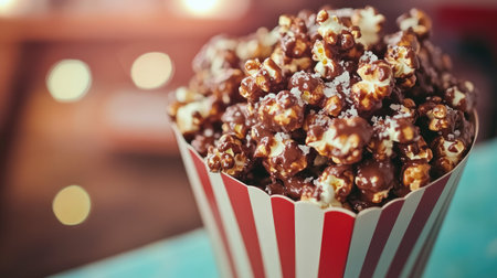 A creative presentation of chocolate-coated popcorn, with a sprinkle of sea salt and caramel drizzle, served in a vintage popcorn container. Fun and unique.の素材