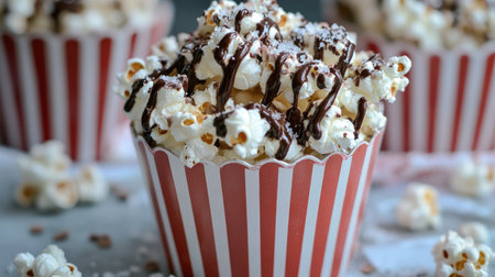 A creative presentation of chocolate-coated popcorn, with a sprinkle of sea salt and caramel drizzle, served in a vintage popcorn container. Fun and unique.の素材