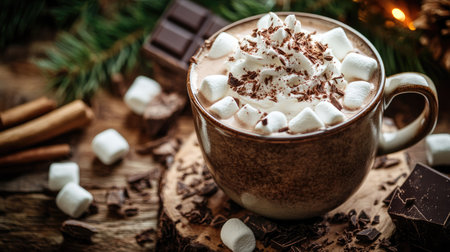 A delightful scene of hot chocolate with marshmallows, whipped cream, and chocolate shavings, set on a rustic wooden table. Cozy and inviting.の素材
