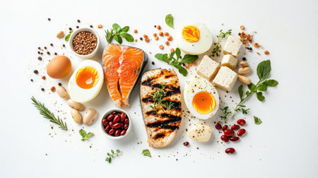 A diverse selection of protein-packed foods, including grilled fish, boiled eggs, legumes, and tofu, arranged on a clean white surface.の素材