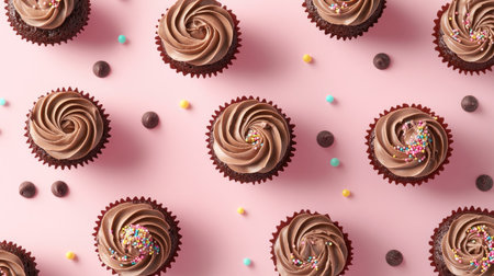 A cute assortment of chocolate cupcakes topped with swirls of icing, sprinkles, and mini chocolate chips, arranged on a pastel-colored background.の素材