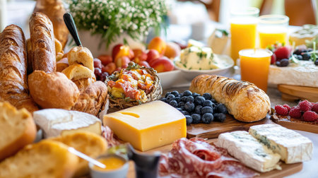 A delicious spread of a classic continental breakfast with assorted cheeses, cold cuts, breads, and fresh juices.の素材