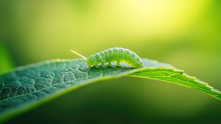A green caterpillar crawling along a leaf, with its tiny feet gripping the surface, set against a blurred green backdrop.の素材