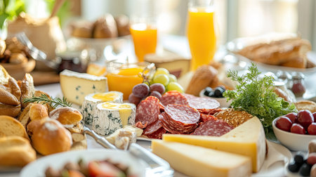 A delicious spread of a classic continental breakfast with assorted cheeses, cold cuts, breads, and fresh juices.の素材