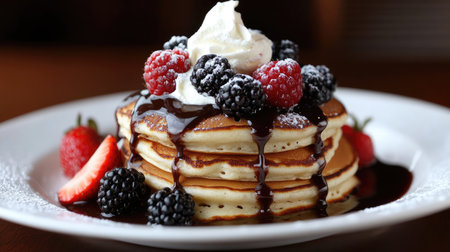 A delightful stack of fluffy pancakes topped with chocolate syrup, fresh berries, and a dollop of whipped cream, on a white plate. Irresistible breakfast.の素材