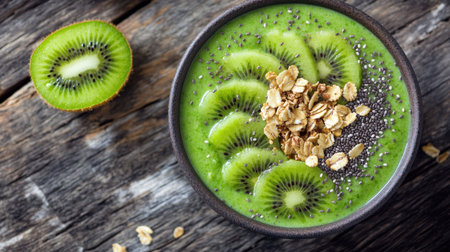 A green smoothie bowl topped with kiwi slices, chia seeds, and granola, placed on a textured wooden table.の素材