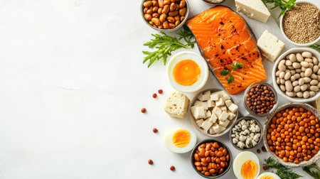 A diverse selection of protein-packed foods, including grilled fish, boiled eggs, legumes, and tofu, arranged on a clean white surface.の素材