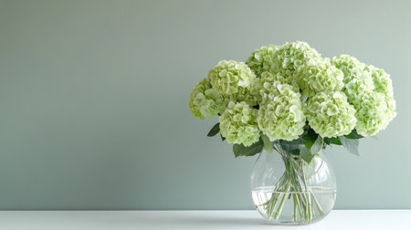 A fresh bouquet of green hydrangeas in a clear vase, placed on a minimalist white table against a neutral background.の素材