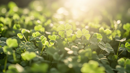 A field of green shamrocks under soft sunlight, evoking a sense of luck and natural beauty, perfect for a spring scene.の素材