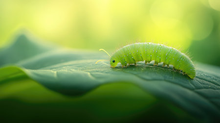 A green caterpillar crawling along a leaf, with its tiny feet gripping the surface, set against a blurred green backdrop.の素材