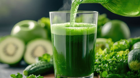 A healthy green juice being poured into a glass, with a variety of fresh green vegetables and fruits in the background.の素材